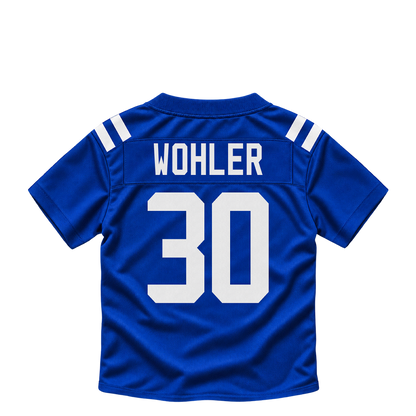 Indianapolis Colts jersey keychain — Hunter Wohler #30. Exact saved player artwork preview.