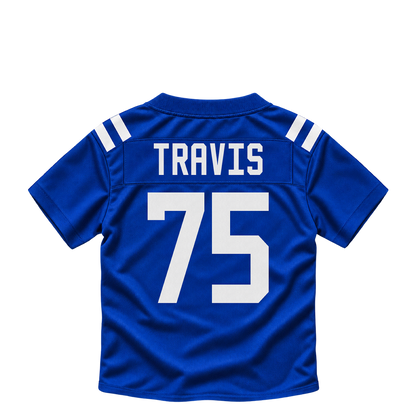 Indianapolis Colts jersey keychain — Jalen Travis #75. Exact saved player artwork preview.