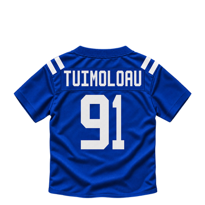 Indianapolis Colts jersey keychain — Jaylahn Tuimoloau #91. Exact saved player artwork preview.