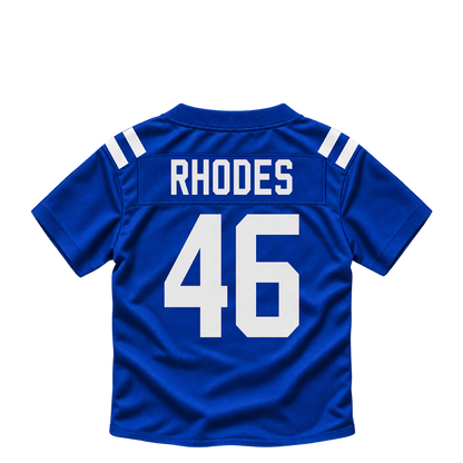 Indianapolis Colts jersey keychain — Luke Rhodes #46. Exact saved player artwork preview.