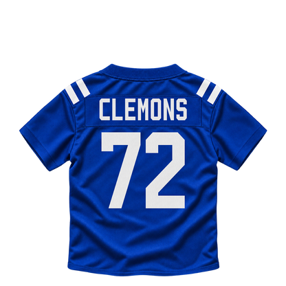 Indianapolis Colts jersey keychain — Micheal Clemons #72. Exact saved player artwork preview.