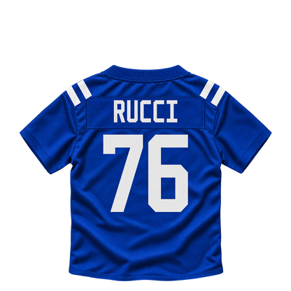 Indianapolis Colts jersey keychain — Nolan Rucci #76. Exact saved player artwork preview.