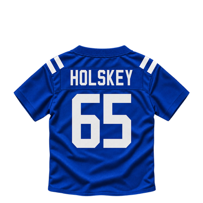 Indianapolis Colts jersey keychain — Reid Holskey #65. Exact saved player artwork preview.