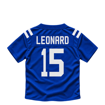 Indianapolis Colts jersey keychain — Riley Leonard #15. Exact saved player artwork preview.