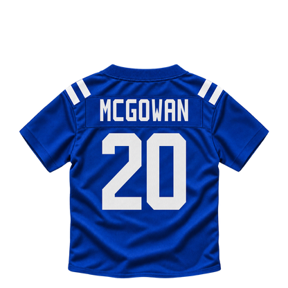 Indianapolis Colts jersey keychain — Seth McGowan #20. Exact saved player artwork preview.