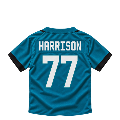 Jacksonville Jaguars jersey keychain — Anton Harrison #77. Exact saved player artwork preview.