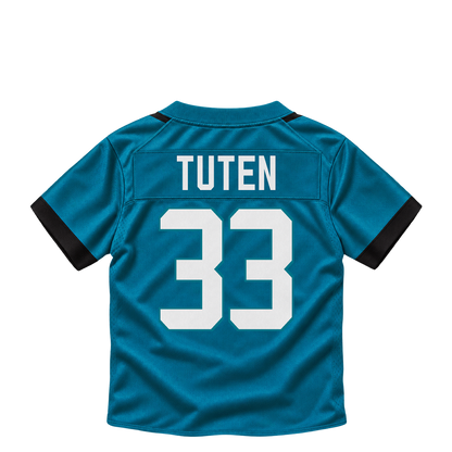 Jacksonville Jaguars jersey keychain — Bhayshul Tuten #33. Exact saved player artwork preview.