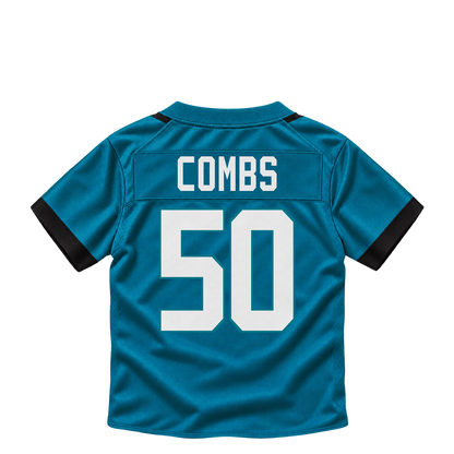 Jacksonville Jaguars jersey keychain — Branson Combs #50. Exact saved player artwork preview.