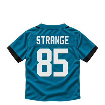 Jacksonville Jaguars jersey keychain — Brenton Strange #85. Exact saved player artwork preview.