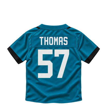 Jacksonville Jaguars jersey keychain — Bryan Thomas Jr. #57. Exact saved player artwork preview.