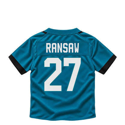 Jacksonville Jaguars jersey keychain — Caleb Ransaw #27. Exact saved player artwork preview.