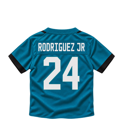 Jacksonville Jaguars jersey keychain — Chris Rodriguez Jr. #24. Exact saved player artwork preview.