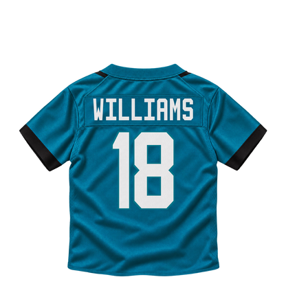 Jacksonville Jaguars jersey keychain — CJ Williams #18. Exact saved player artwork preview.