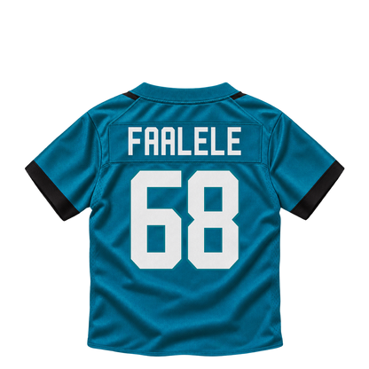 Jacksonville Jaguars jersey keychain — Daniel Faalele #68. Exact saved player artwork preview.