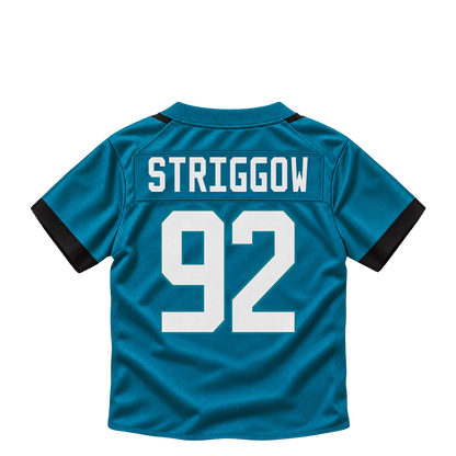 Jacksonville Jaguars jersey keychain — Danny Striggow #92. Exact saved player artwork preview.