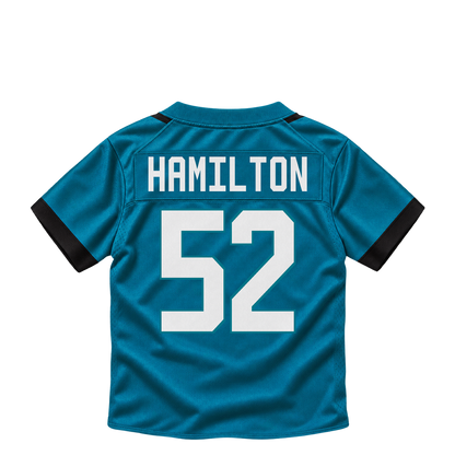 Jacksonville Jaguars jersey keychain — DaVon Hamilton #52. Exact saved player artwork preview.