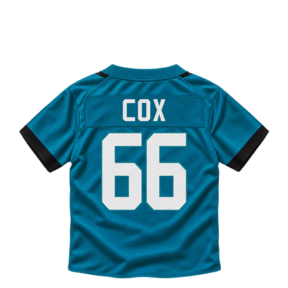 Jacksonville Jaguars jersey keychain — Eli Cox #66. Exact saved player artwork preview.
