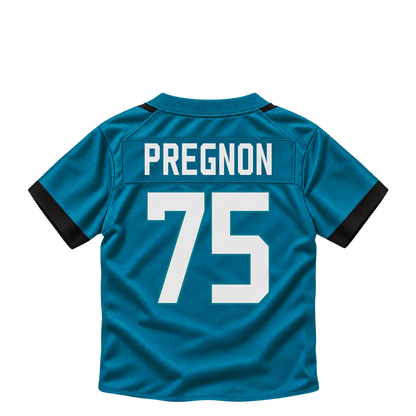Jacksonville Jaguars jersey keychain — Emmanuel Pregnon #75. Exact saved player artwork preview.