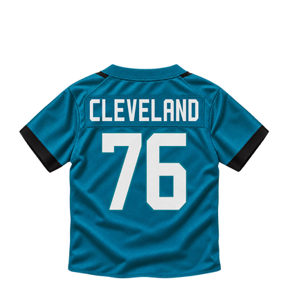 Jacksonville Jaguars jersey keychain — Ezra Cleveland #76. Exact saved player artwork preview.