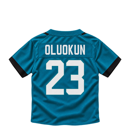 Jacksonville Jaguars jersey keychain — Foyesade Oluokun #23. Exact saved player artwork preview.