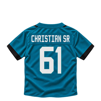 Jacksonville Jaguars jersey keychain — Geron Christian Sr. #61. Exact saved player artwork preview.