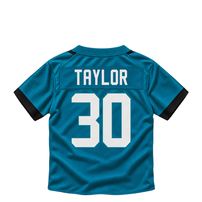 Jacksonville Jaguars jersey keychain — J'Mari Taylor #30. Exact saved player artwork preview.