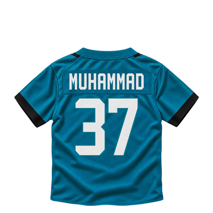Jacksonville Jaguars jersey keychain — Jabbar Muhammad #37. Exact saved player artwork preview.