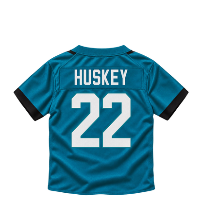Jacksonville Jaguars jersey keychain — Jalen Huskey #22. Exact saved player artwork preview.