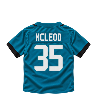 Jacksonville Jaguars jersey keychain — Jalen McLeod #35. Exact saved player artwork preview.