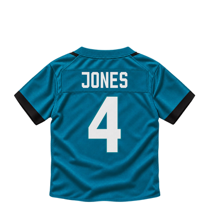 Jacksonville Jaguars jersey keychain — Jarrian Jones #4. Exact saved player artwork preview.