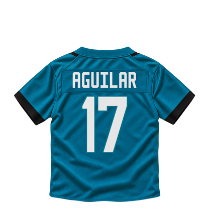 Jacksonville Jaguars jersey keychain — Joey Aguilar #17. Exact saved player artwork preview.