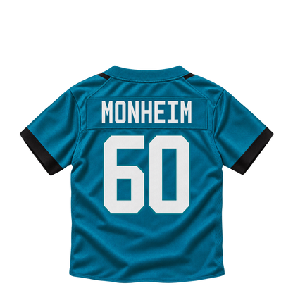 Jacksonville Jaguars jersey keychain — Jonah Monheim #60. Exact saved player artwork preview.