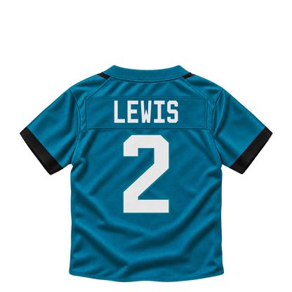 Jacksonville Jaguars jersey keychain — Jourdan Lewis #2. Exact saved player artwork preview.