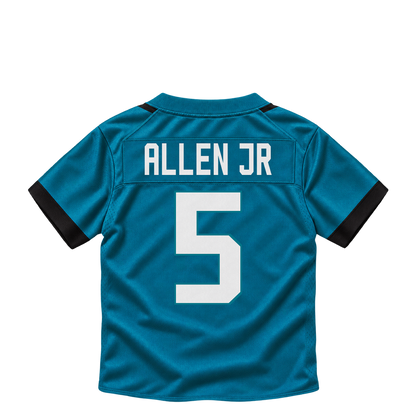 Jacksonville Jaguars jersey keychain — LeQuint Allen Jr. #5. Exact saved player artwork preview.