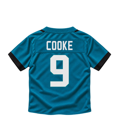 Jacksonville Jaguars jersey keychain — Logan Cooke #9. Exact saved player artwork preview.