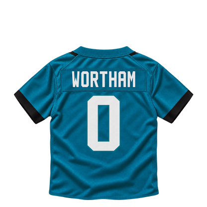 Jacksonville Jaguars jersey keychain — Michael Wortham #0. Exact saved player artwork preview.