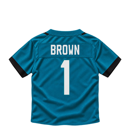 Jacksonville Jaguars jersey keychain — Montaric Brown #1. Exact saved player artwork preview.