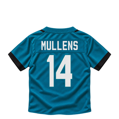 Jacksonville Jaguars jersey keychain — Nick Mullens #14. Exact saved player artwork preview.