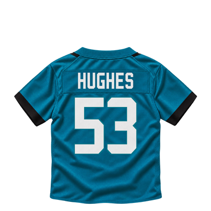 Jacksonville Jaguars jersey keychain — Parker Hughes #53. Exact saved player artwork preview.