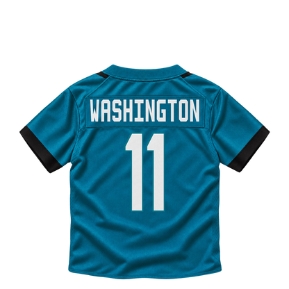 Jacksonville Jaguars jersey keychain — Parker Washington #11. Exact saved player artwork preview.