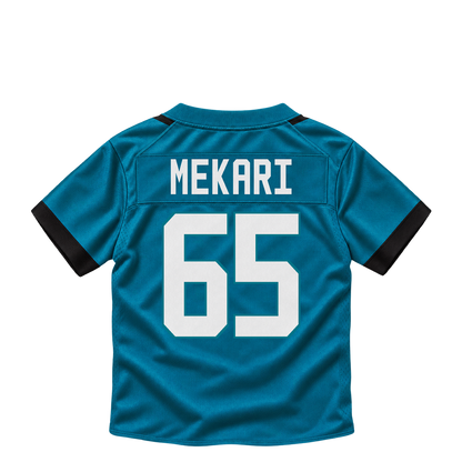 Jacksonville Jaguars jersey keychain — Patrick Mekari #65. Exact saved player artwork preview.