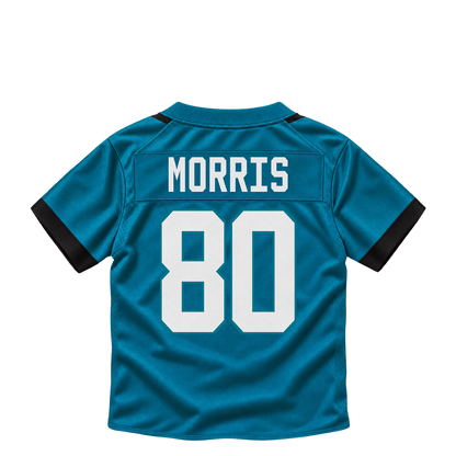 Jacksonville Jaguars jersey keychain — Quintin Morris #80. Exact saved player artwork preview.