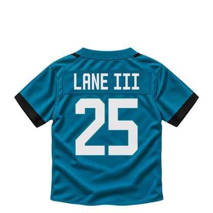 Jacksonville Jaguars jersey keychain — Rayuan Lane III #25. Exact saved player artwork preview.