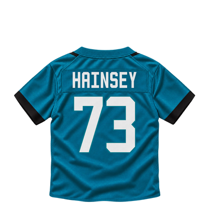 Jacksonville Jaguars jersey keychain — Robert Hainsey #73. Exact saved player artwork preview.