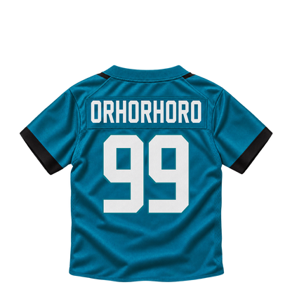 Jacksonville Jaguars jersey keychain — Ruke Orhorhoro #99. Exact saved player artwork preview.