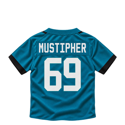 Jacksonville Jaguars jersey keychain — Sam Mustipher #69. Exact saved player artwork preview.