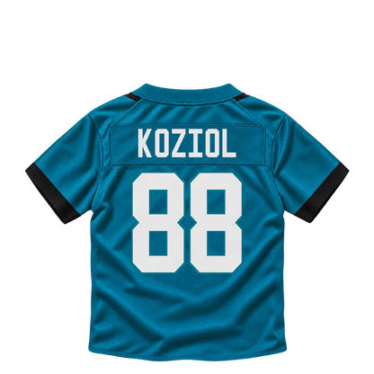 Jacksonville Jaguars jersey keychain — Tanner Koziol #88. Exact saved player artwork preview.