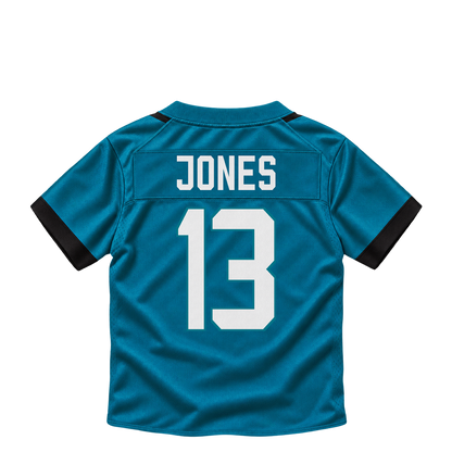 Jacksonville Jaguars jersey keychain — Tim Jones #13. Exact saved player artwork preview.