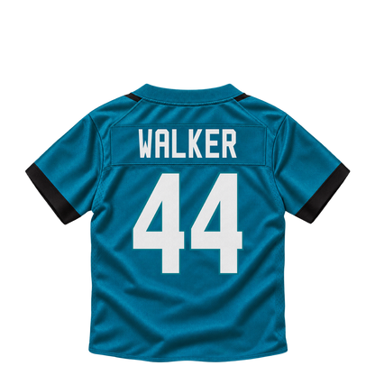 Jacksonville Jaguars jersey keychain — Travon Walker #44. Exact saved player artwork preview.
