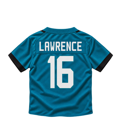 Jacksonville Jaguars jersey keychain — Trevor Lawrence #16. Exact saved player artwork preview.